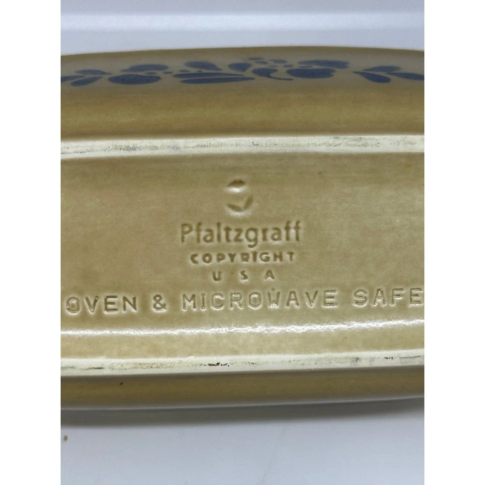 VTG Pfaltzgraff Folk Art Loaf Pan Tan Blue Floral Stoneware Bakeware USA Made